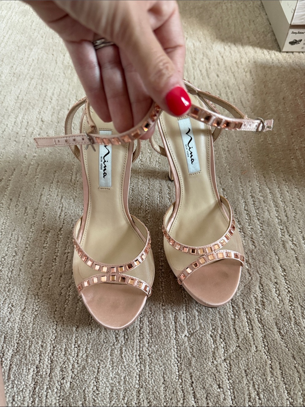 Nina Rose Gold Gem-Stud Ankle-Strap Heels